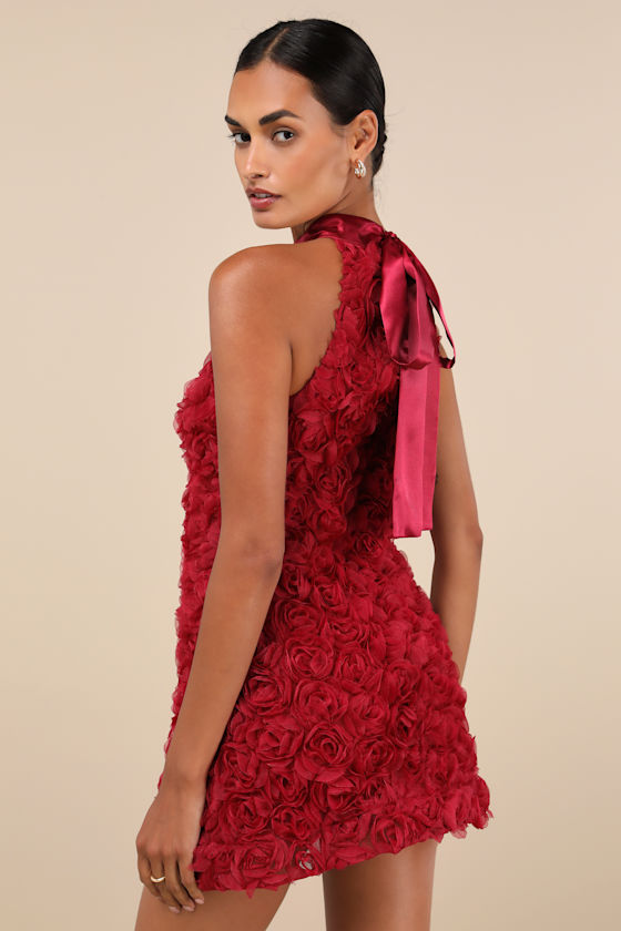 LULUS EXTRAORDINARY BEING WINE RED 3D ROSETTE MOCK NECK MINI DRESS