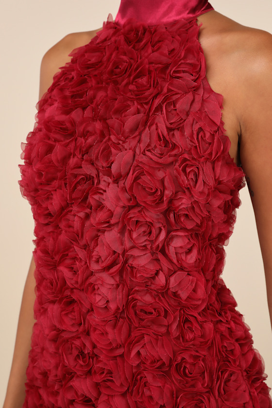 LULUS EXTRAORDINARY BEING WINE RED 3D ROSETTE MOCK NECK MINI DRESS