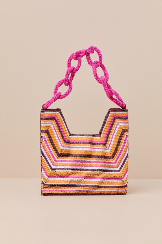 LULUS BABE ATTITUDE BROWN PINK AND ORANGE STRIPED CHAIN HANDLE BAG