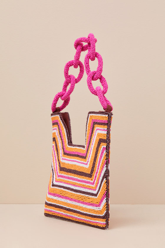 LULUS BABE ATTITUDE BROWN PINK AND ORANGE STRIPED CHAIN HANDLE BAG