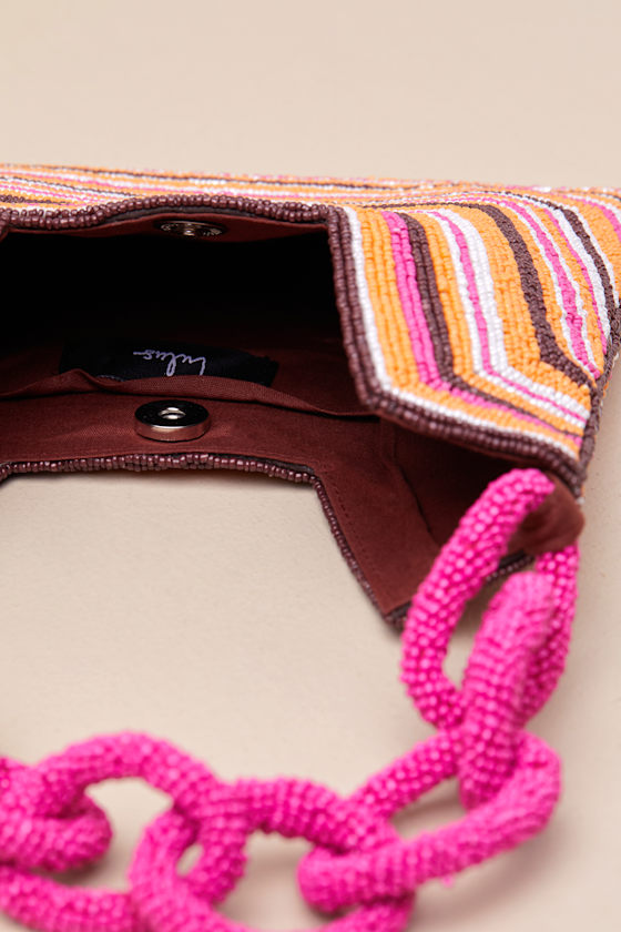 LULUS BABE ATTITUDE BROWN PINK AND ORANGE STRIPED CHAIN HANDLE BAG
