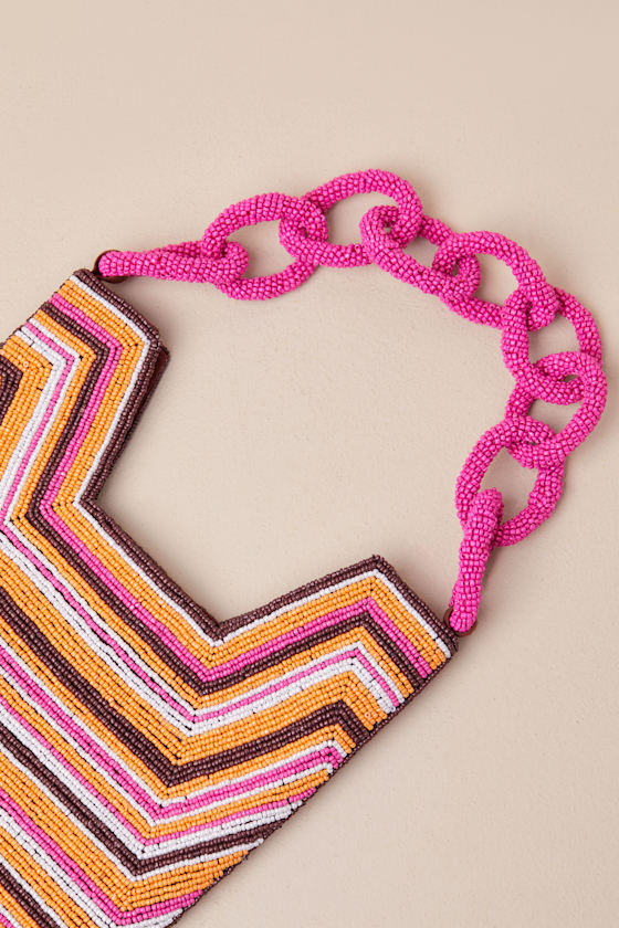 LULUS BABE ATTITUDE BROWN PINK AND ORANGE STRIPED CHAIN HANDLE BAG