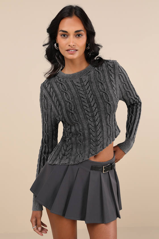 Edgy Forecast Charcoal Grey Cable Knit Asymmetrical Sweater 2