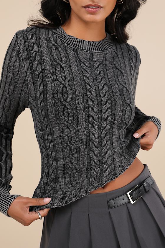Edgy Forecast Charcoal Grey Cable Knit Asymmetrical Sweater 5
