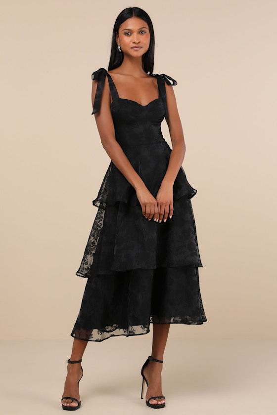 Glamorous Sweetie Black Burnout Tie-Strap Bustier Midi Dress 1