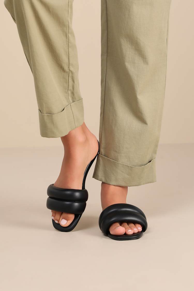 Kovella Black Faux Leather Flat Slide Sandals