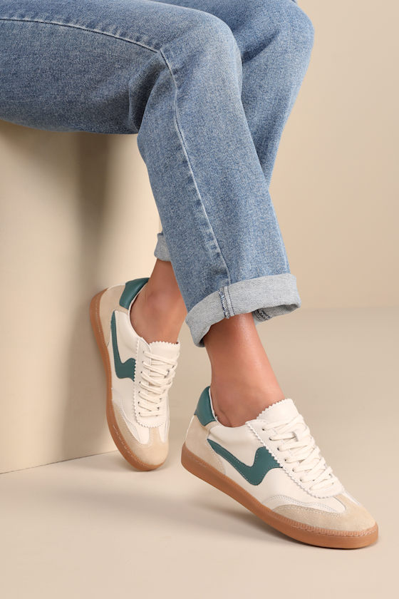 Notice White and Green Leather Color Block Lace-Up Sneakers 1