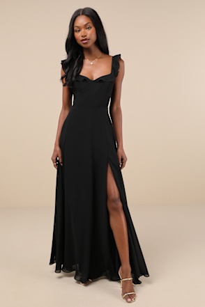 floor length black dress Velvi - Tatum Fitted Maxi - Elegant V Black Ruffled Maxi Dress |