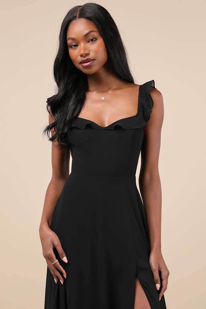 Dreamy Admiration Black Ruffled Maxi Dress