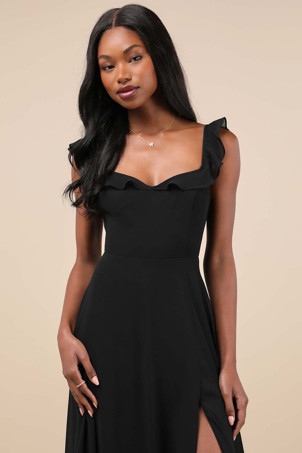 Dreamy Admiration Black Ruffled Maxi Dress