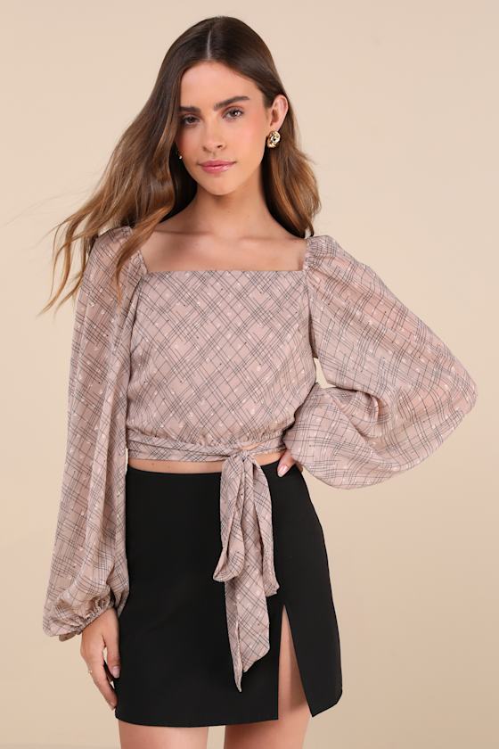 Lulus Dedicatedly Chic Taupe Printed Balloon Sleeve Wrap Top In Taupe