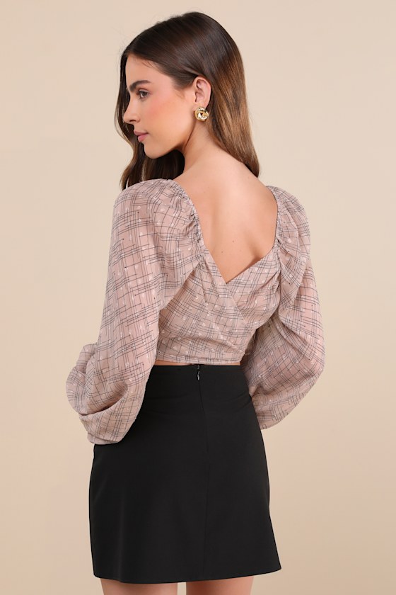 Lulus Dedicatedly Chic Taupe Printed Balloon Sleeve Wrap Top In Taupe