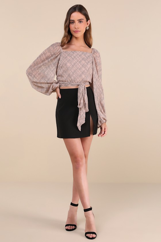 Lulus Dedicatedly Chic Taupe Printed Balloon Sleeve Wrap Top In Taupe
