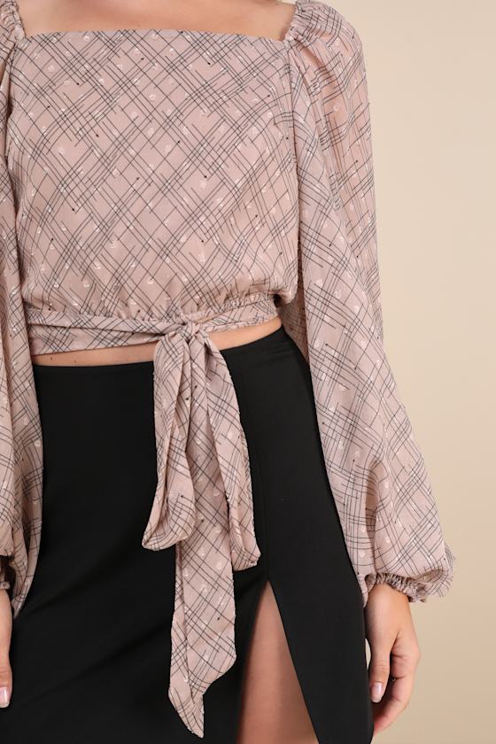 Lulus Dedicatedly Chic Taupe Printed Balloon Sleeve Wrap Top In Taupe