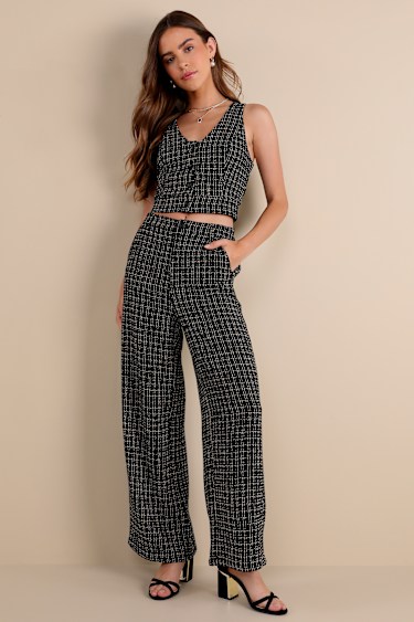 Black and White Tweed Pants Wide-Leg Pants Plaid Tweed Pants