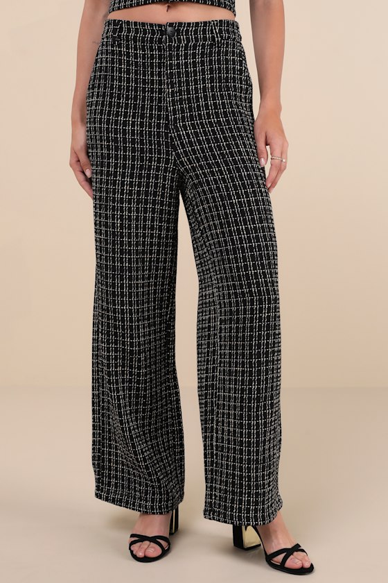 Lulus Posh Perception Black And White Plaid Tweed Wide Leg Pants In Black And White
