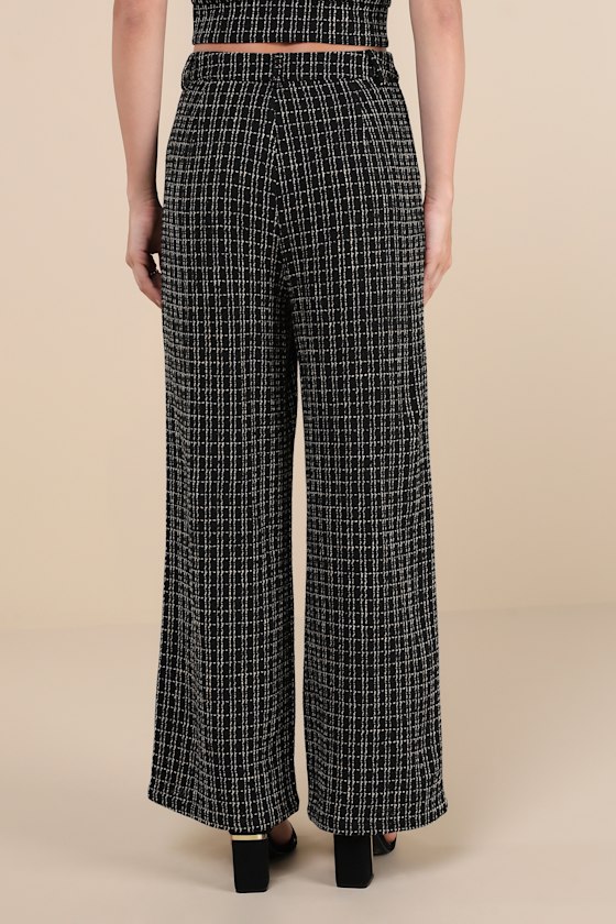 Lulus Posh Perception Black And White Plaid Tweed Wide Leg Pants In Black And White
