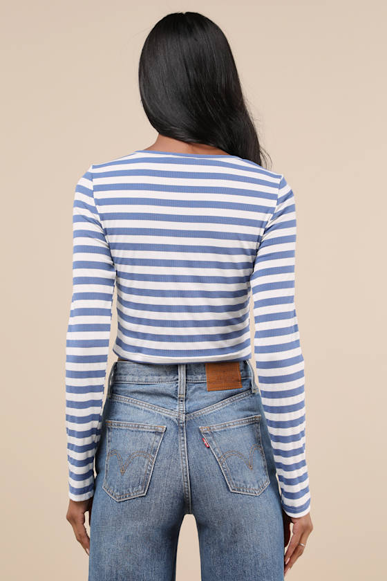 Lulus Admired Impression Ivory And Blue Striped Long Sleeve Crop Top In Ivory And Blue