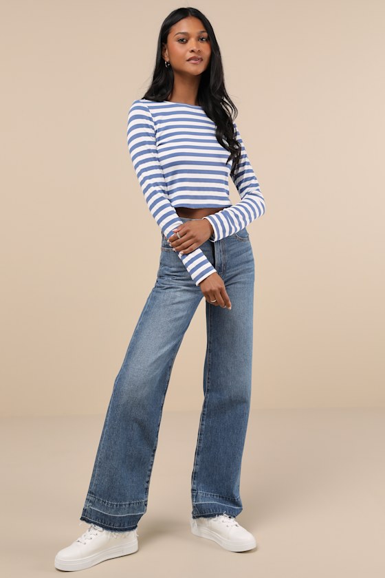 Lulus Admired Impression Ivory And Blue Striped Long Sleeve Crop Top In Ivory And Blue