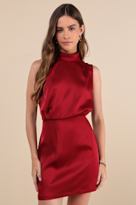 Classic Elegance Wine Red Satin Sleeveless Mock Neck Mini Dress 1