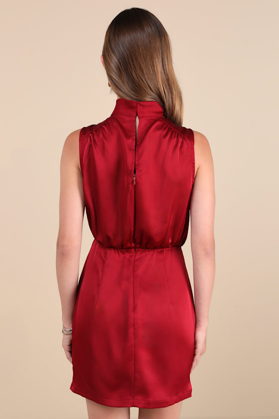Lulus Classic Elegance Wine Red Satin Sleeveless Mock Neck Mini Dress In Wine Red