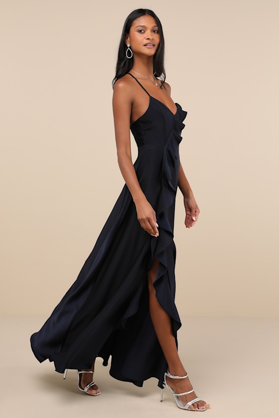 Stylish Grace Navy Blue Backless Lace-Up Ruffled Maxi Dress 3