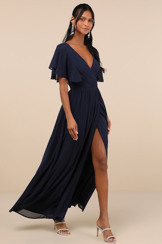 Navy Blue Flutter Sleeve Dress - Wrap Maxi Dress - Chiffon Dress - Lulus
