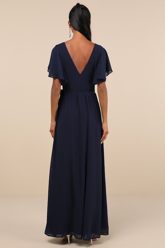 Navy Blue Flutter Sleeve Dress - Wrap Maxi Dress - Chiffon Dress - Lulus