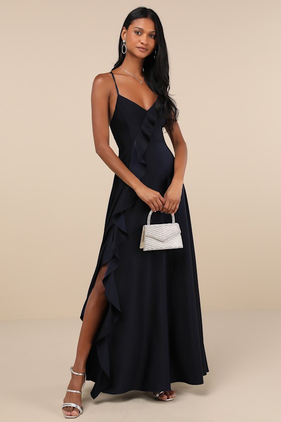 Image of Stylish Grace Navy Blue Backless Lace-Up Ruffled Maxi Dress