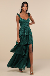 Stunning Glory Hunter Green Floral Jacquard Tiered Maxi Dress 2