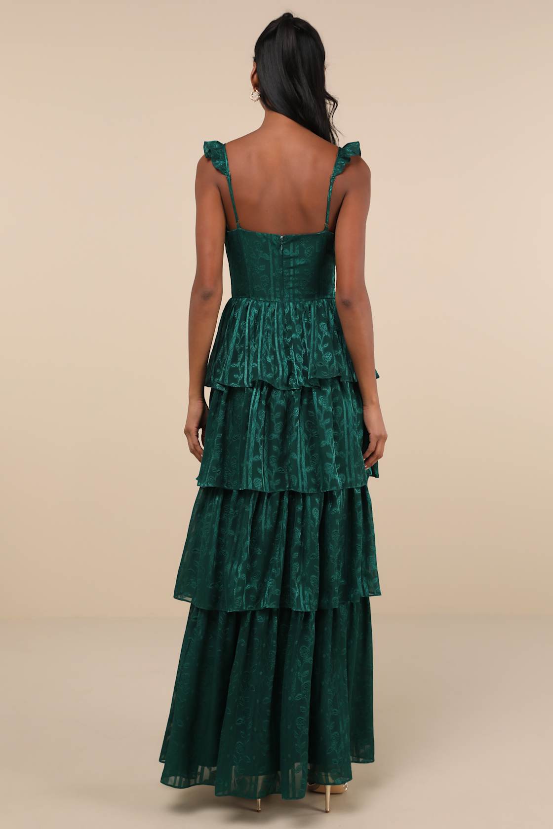 Stunning Glory Hunter Green Floral Jacquard Tiered Maxi Dress