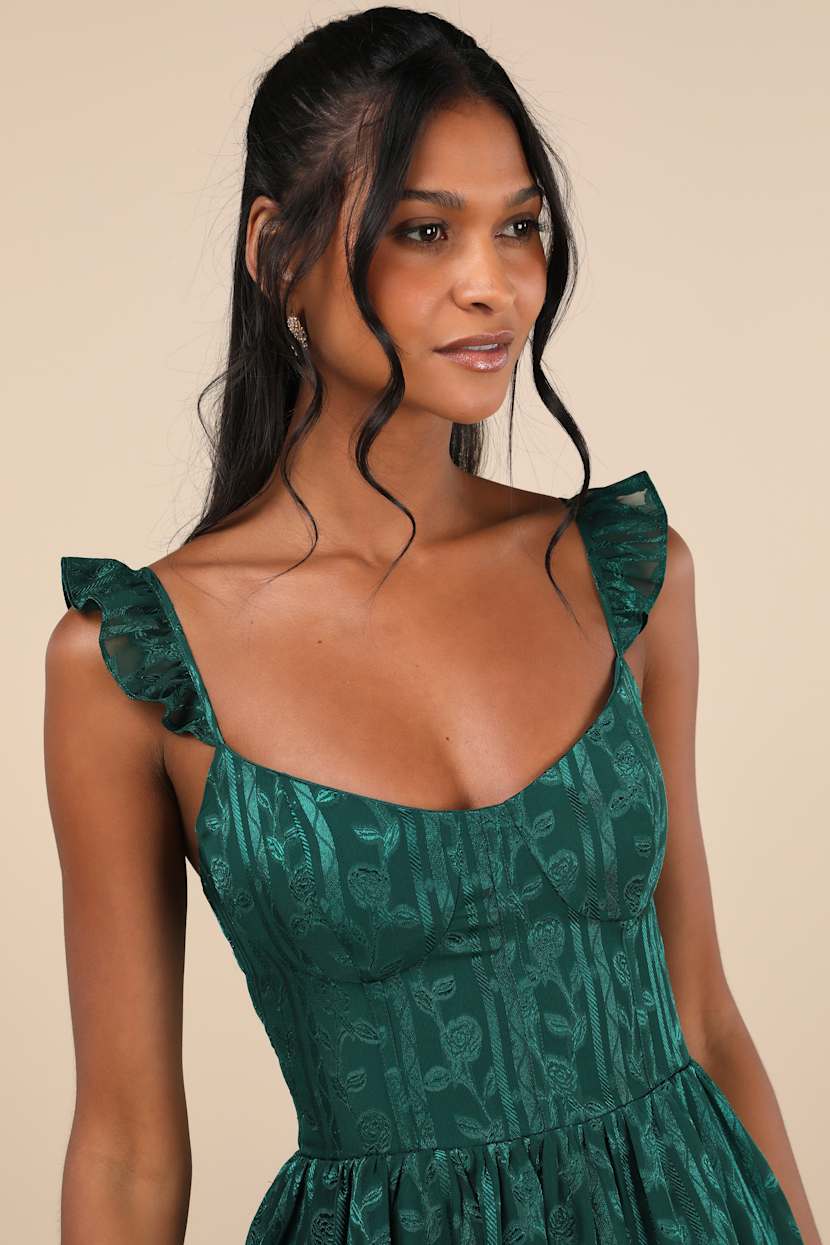 Green Floral Jacquard Tiered Maxi Dress | Womens | Large (Available in M) | 100% Polyester | Lulus | Holiday Dresses | Prom
