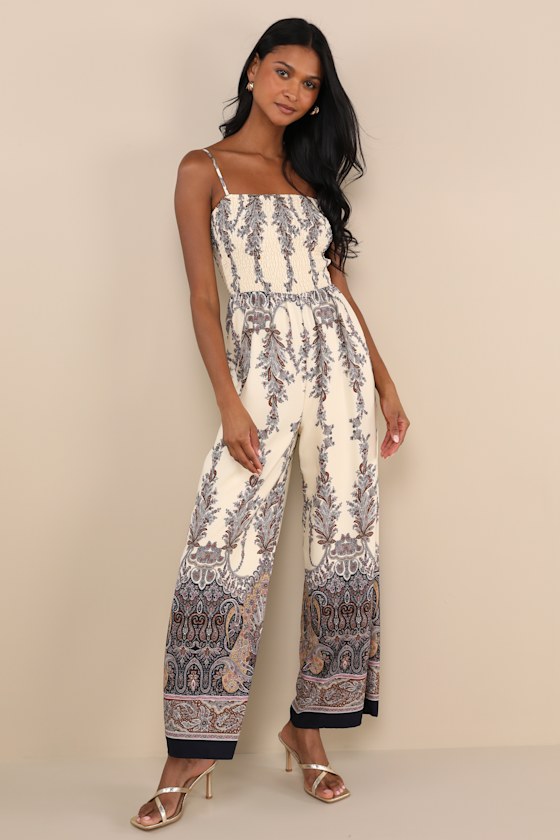 Charming Attitude Ivory Paisley Smocked Wide-Leg Jumpsuit 2