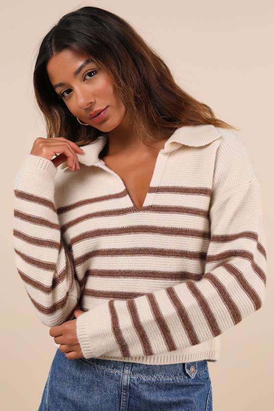 Lulus Timeless Energy Cream Striped Collared Pullover Sweater In White