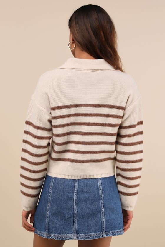 Lulus Timeless Energy Cream Striped Collared Pullover Sweater In White
