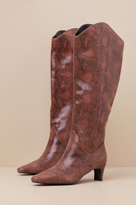 Lulus Alessio Brown Snake Pointed-toe Knee-high Boots In Brown