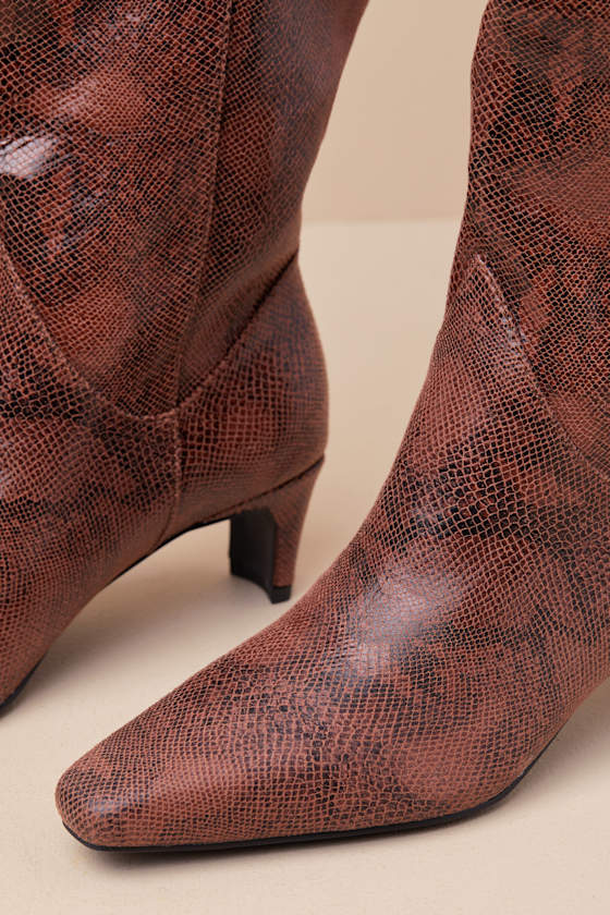 Lulus Alessio Brown Snake Pointed-toe Knee-high Boots In Brown
