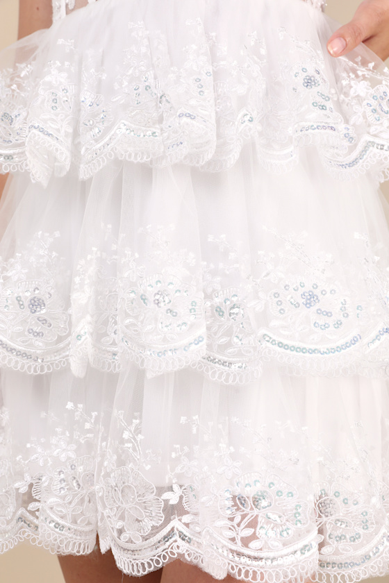 Lulus Exquisite Drama White Embroidered Sequin Tiered Mini Dress In White