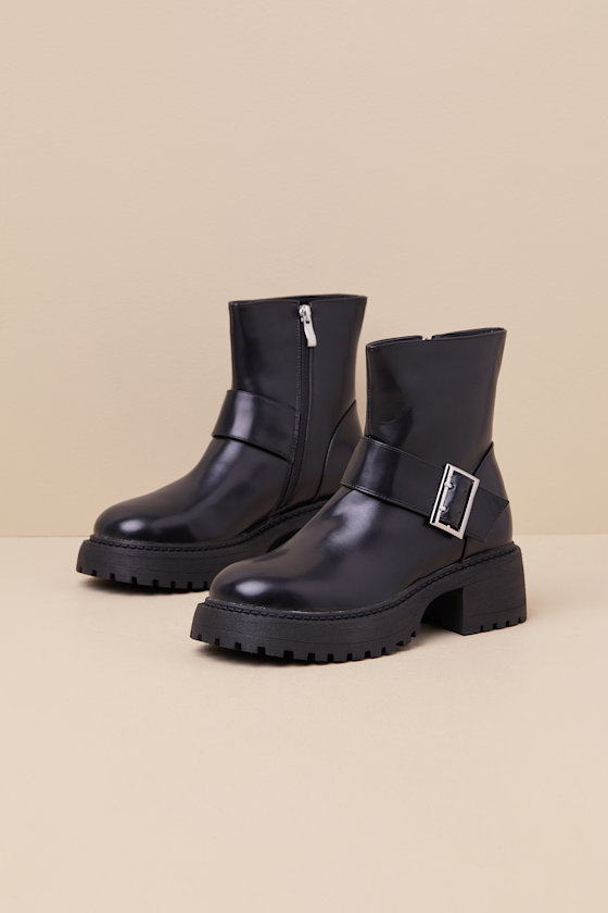 Lulus Mirrabelle Black Buckle Platform Ankle Boots In Black