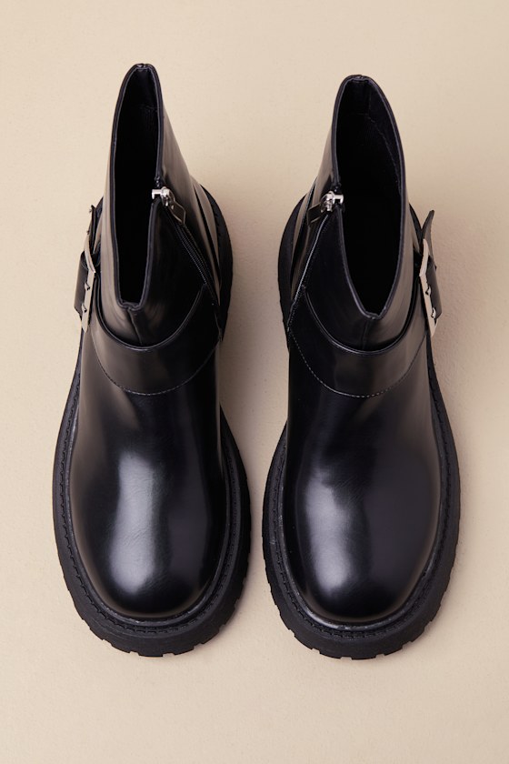 Lulus Mirrabelle Black Buckle Platform Ankle Boots In Black