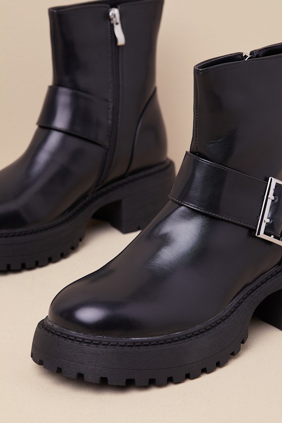 Lulus Mirrabelle Black Buckle Platform Ankle Boots In Black