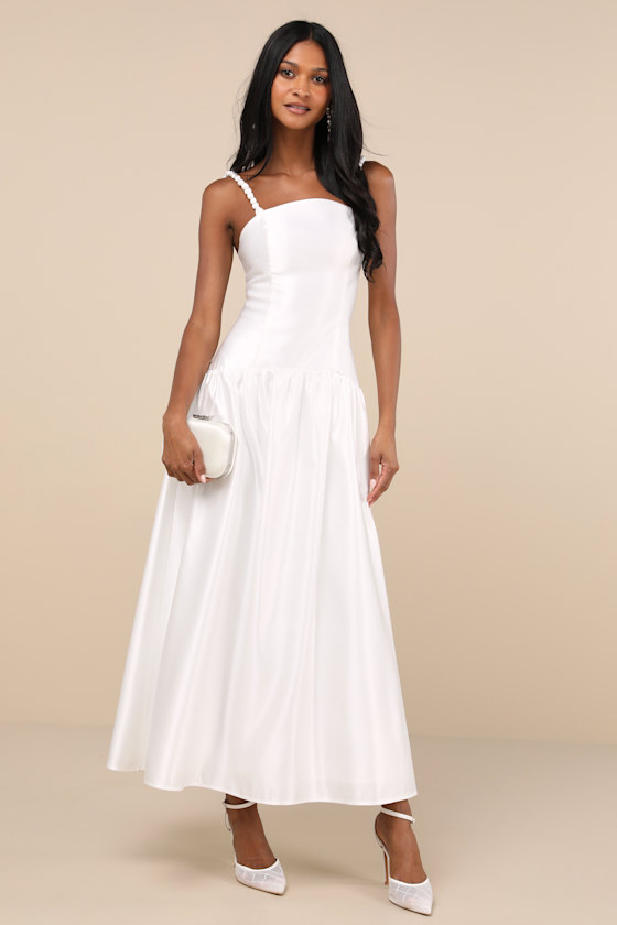 White Satin Dress Drop Waist Dress Lace-Up Maxi Dress Lulus