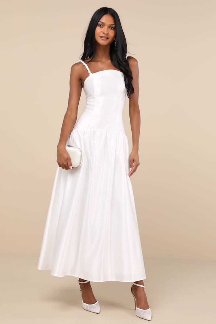 White Satin Dress Drop Waist Dress Lace-Up Maxi Dress Lulus