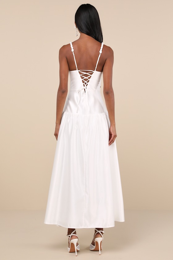 Modern Adoration White Satin Backless Lace-Up Maxi Dress 3