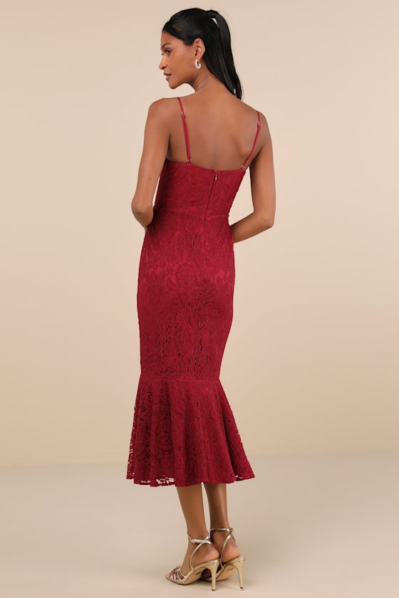Lulus Found Your Love Wine Red Lace Sleeveless Trumpet Midi Dress In Wine Red