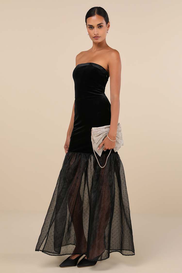 Esteemed Glamour Black Velvet Strapless Trumpet Hem Maxi Dress
