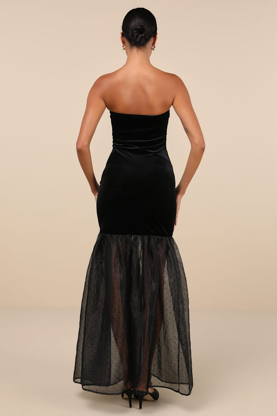 Lulus Esteemed Glamour Black Velvet Strapless Trumpet Hem Maxi Dress In Black