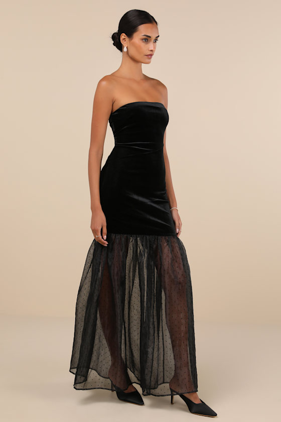 Lulus Esteemed Glamour Black Velvet Strapless Trumpet Hem Maxi Dress In Black