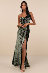 Classy Sensation Olive Velvet Pleated Strapless Maxi Dress 1