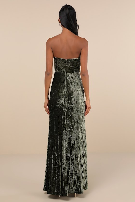 Classy Sensation Olive Velvet Pleated Strapless Maxi Dress 2